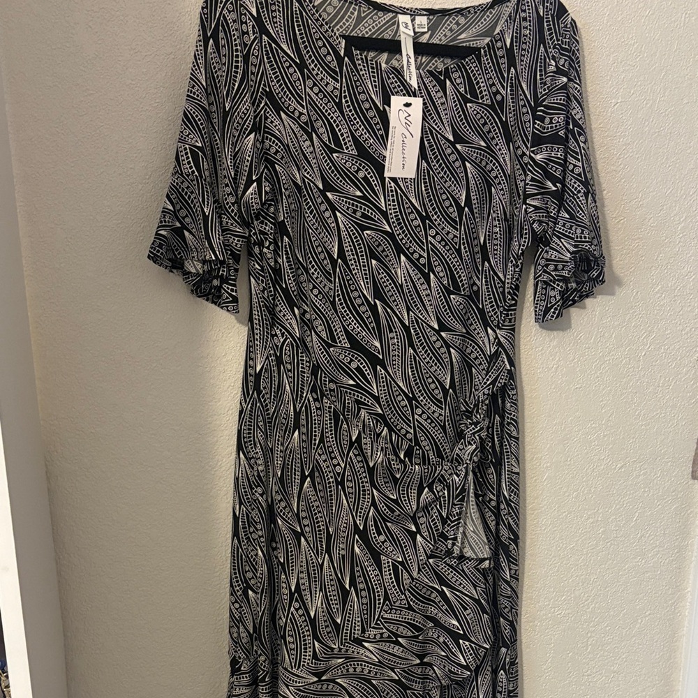 NY Collection Monochrome Leaf Pattern Midi Dress